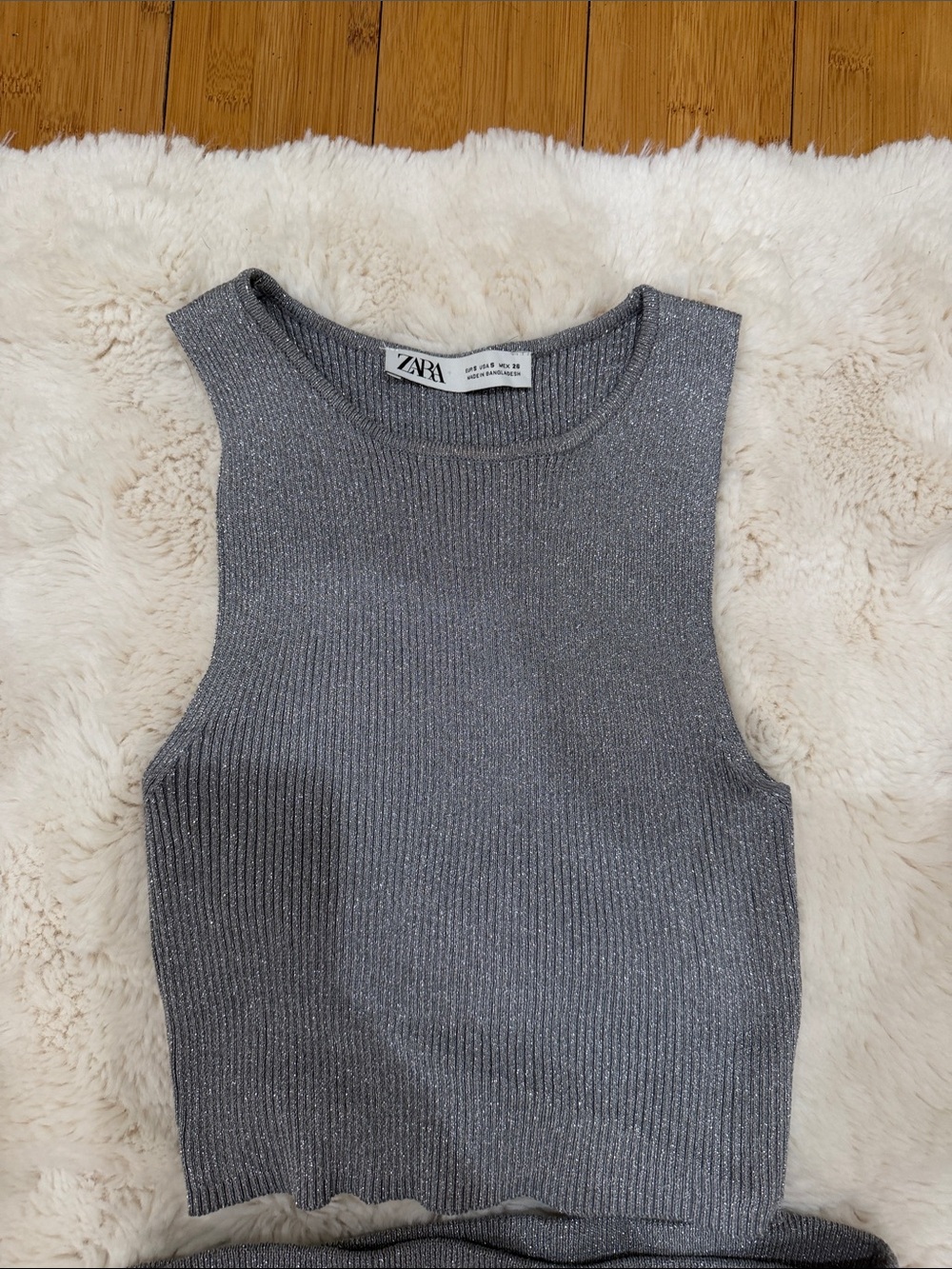 Zara Metallic Gray Ribbed Cropped Tank & Skirt Set - Picture 2 of 6